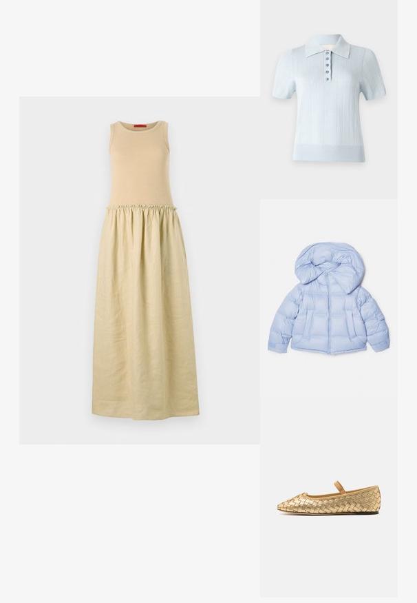 Hele sinine puffjakiga, millel on suur kapuuts, tõmblukk ja tikandiga disain. Omab kahte esist taskut ja elastseid mansette mugava istuvuse tagamiseks.; Varrukateta kleit, millel on sobiv beež kudumüla ja lahtine, helebeež kogunenud seelik. Pehme tekstuur ja maani ulatuv disain.; Hele helesinine lühikese varrukaga polo särk, millel on sooniktekstuur, lame krae ja eesmine plakeering, kus on kuus sobivat nööpi.; Loeffler Randall LEONIE SOFT BALLET FLAT - Pahkluurihmadega baleriinad - gold