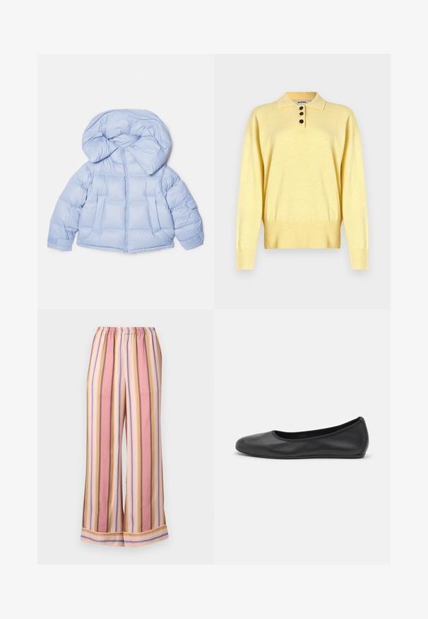 Svijetloplava puffer jakna s velikim kapuljačom, zatvaranjem na patentni zatvarač i kviltanim dizajnom. Sadrži dva prednja džepa i elastične manžete za usko pristajanje.; Žuti pleteni polo džemper s ovratnikom, s tri tamne gumbe, rebrastim porubom i dugim rukavima, izrađen od mekane tkanine.; Pantalone od pidžame sa prugama, s elastičnim pojasom, širokim nogavicama i naizmjeničnim ružičastim, lavandastim i žutim prugama te glatkom teksturom.; Crne kožne baletanke s zaobljenim vrhom, glatke teksture, minimalnim detaljima šavova i fleksibilnim dizajnom potplata.