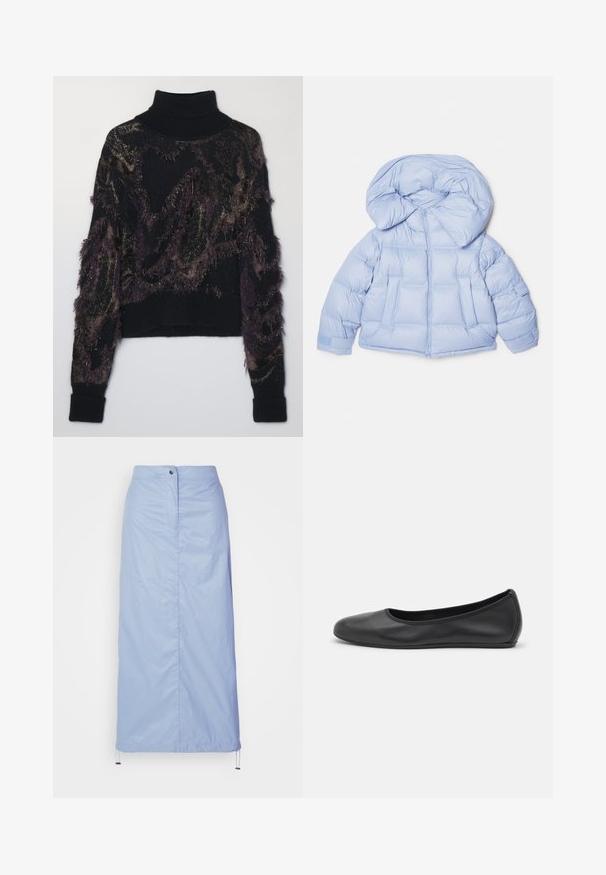 Helleblaue Steppjacke mit großer Kapuze, Reißverschluss und gesteppter Optik. Verfügt über zwei Fronttaschen und elastische Bündchen für eine bequeme Passform.; Schwarzer Rollkragenpullover mit einem strukturierten Muster in Dunkelpurpur und Gold, ausgestattet mit Fransenakzenten sowie gerippten Bündchen und Saum.; Helleblaue Midilänge-Rock aus glattem, leichtem Material mit geradem Schnitt, verfügt über eine Knopfverschluss vorne und einen Kordelzugsaum.; Schwarze Leder-Ballettschuhe mit abgerundeter Spitze, glatter Textur, minimalen Nähdetails und einem flexiblen Sohlen-Design.