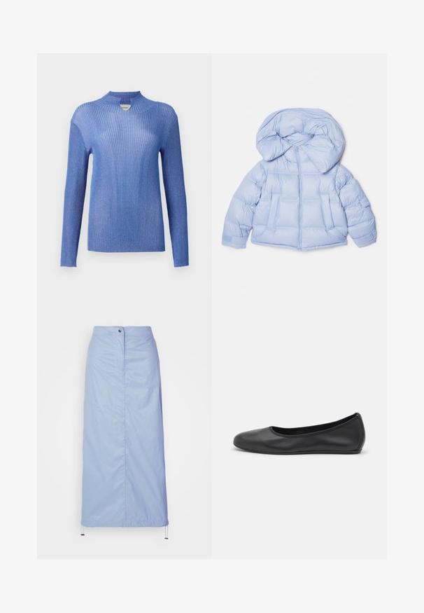 Helleblaue Steppjacke mit großer Kapuze, Reißverschluss und gesteppter Optik. Verfügt über zwei Fronttaschen und elastische Bündchen für eine bequeme Passform.; Blau gestreifter Strickpullover mit hohem Kragen und langen Ärmeln. Verfügt über eine strukturierte Oberfläche und einen leichten Schimmer, der eine taillierte Silhouette bietet.; Helleblaue Midilänge-Rock aus glattem, leichtem Material mit geradem Schnitt, verfügt über eine Knopfverschluss vorne und einen Kordelzugsaum.; Schwarze Leder-Ballettschuhe mit abgerundeter Spitze, glatter Textur, minimalen Nähdetails und einem flexiblen Sohlen-Design.
