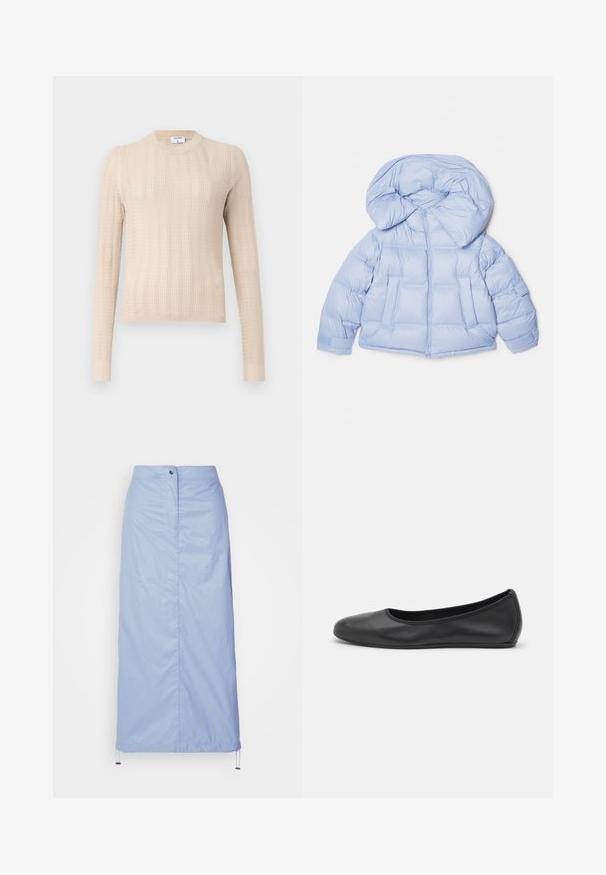 Light blue puffer jacket with a large hood, zip closure, and quilted design. Features two front pockets and elastic cuffs for a snug fit.; Beige knitted sweater featuring long sleeves, a round neckline, and a textured ribbed pattern throughout. Soft, lightweight fabric.; Light blue, mid-length skirt made of smooth, lightweight material with a straight cut, features a front button closure and drawstring hem.; Black leather ballet flat with a rounded toe, smooth texture, minimal stitching detail, and a flexible sole design.