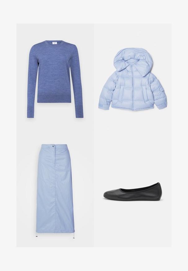 Helleblaue Steppjacke mit großer Kapuze, Reißverschluss und gesteppter Optik. Verfügt über zwei Fronttaschen und elastische Bündchen für eine bequeme Passform.; Blaues Langarm-Sweatshirt aus weichem Material. Hat einen Rundhalsausschnitt und einen leicht gerippten Saum. Glatte Textur mit einem subtilen Melange-Muster.; Helleblaue Midilänge-Rock aus glattem, leichtem Material mit geradem Schnitt, verfügt über eine Knopfverschluss vorne und einen Kordelzugsaum.; Schwarze Leder-Ballettschuhe mit abgerundeter Spitze, glatter Textur, minimalen Nähdetails und einem flexiblen Sohlen-Design.