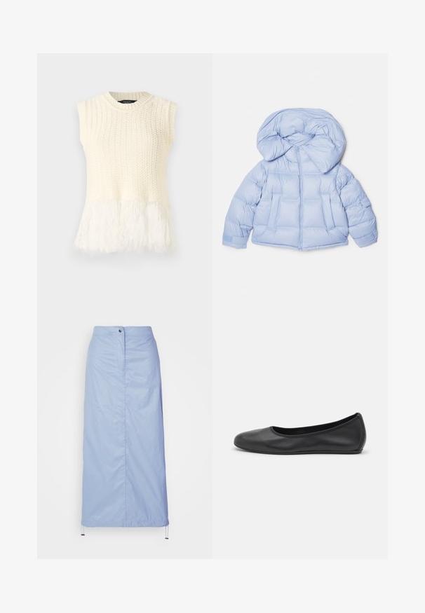 Šviesiai mėlynas pūkinis švarkas su dideliu kapišonu, užtrauktuku ir siuvinėta struktūra. Turintis dvi priekinės kišenes ir elastines rankoves, kad sandariai priglustų.; Bezegdėlės be rankovių, pagamintos kreminės spalvos, su tekstūruotu kūnu ir minkšta, pūkuota apatine dalimi. Dekolte apvalus, su grioveliais.; Balta ilgomis rankovėmis marškiniai su apykakle, pagaminti iš medvilnės. Su mygtukų užsegimu priekyje ir viena krūtinės kišenė. Lygus paviršius, laisvas siluetas.; Šviesiai mėlyna, vidutinio ilgio sijonas, pagamintas iš sklandžios, lengvos medžiagos su tiesiu kirpimu, turi priekinius mygtukus ir raištelį apatinėje dalyje.; Juodai odiniai baletai su apvaliu pirštu, lygi texture, minimalus siuvimo detales ir lanksčiu padų dizainu.