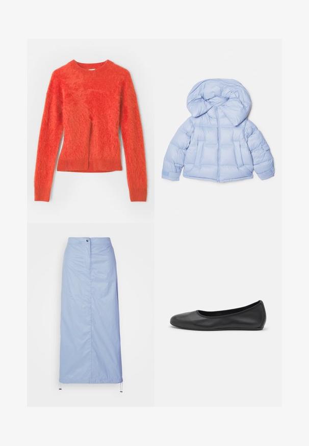 Helleblaue Steppjacke mit großer Kapuze, Reißverschluss und gesteppter Optik. Verfügt über zwei Fronttaschen und elastische Bündchen für eine bequeme Passform.; Roter, flauschiger Pullover mit langen Ärmeln und rundem Ausschnitt. Hat einen leicht übergroßen Schnitt und einen gerippten Saum am unteren Ende.; Helleblaue Midilänge-Rock aus glattem, leichtem Material mit geradem Schnitt, verfügt über eine Knopfverschluss vorne und einen Kordelzugsaum.; Schwarze Leder-Ballettschuhe mit abgerundeter Spitze, glatter Textur, minimalen Nähdetails und einem flexiblen Sohlen-Design.