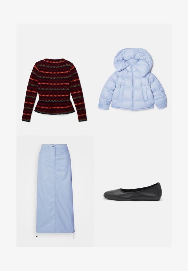 Lichtblauwe gewatteerde jas met een grote capuchon, ritssluiting en een doorgestikt ontwerp. Beschikt over twee voorzakken en elastische manchetten voor een goede pasvorm.; Langärmelig, peplum trui met een geometrisch patroon in rood, zwart en roomkleur. Gemaakt van zacht materiaal met een ronde halslijn en een aansluitende pasvorm.; Lichtblauwe, middellange rok van soepel, lichtgewicht materiaal met een rechte snit, beschikt over een sluiting met knopen aan de voorkant en een koord in de zoom.; Zwarte leren ballerina met een ronde neus, gladde textuur, minimale stikdetails en een flexibele zoolontwerp.