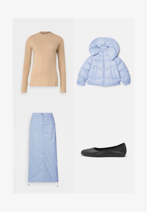 Jasnoniebieska kurtka puchowa z dużym kapturem, zapinana na zamek, o pikowanym designie. Posiada dwie przednie kieszenie oraz elastyczne mankiety dla lepszego dopasowania.; MAX&Co. CANOSSA wielbłądzi; Jasnoniebieska, średniej długości spódnica wykonana z gładkiego, lekkiego materiału, o prostym kroju, z zapięciem na guzik z przodu i ściągaczem na dole.; Czarne skórzane baletki z zaokrąglonym noskiem, gładką fakturą, minimalnymi przeszyciami i elastycznym designem podeszwy.