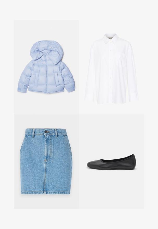 Lichtblauwe gewatteerde jas met een grote capuchon, ritssluiting en een doorgestikt ontwerp. Beschikt over twee voorzakken en elastische manchetten voor een goede pasvorm.; Witte lange mouwen overhemd met kraag van katoen. Voorzien van een knoopsluiting aan de voorkant en een enkele borstzak. Een gladde textuur en een ontspannen pasvorm.; Leren rok in lichtblauw, met een getailleerd ontwerp, een vijfzakkenstijl en contrasterende stiksels. Het materiaal heeft een gestructureerde afwerking.; Zwarte leren ballerina met een ronde neus, gladde textuur, minimale stikdetails en een flexibele zoolontwerp.