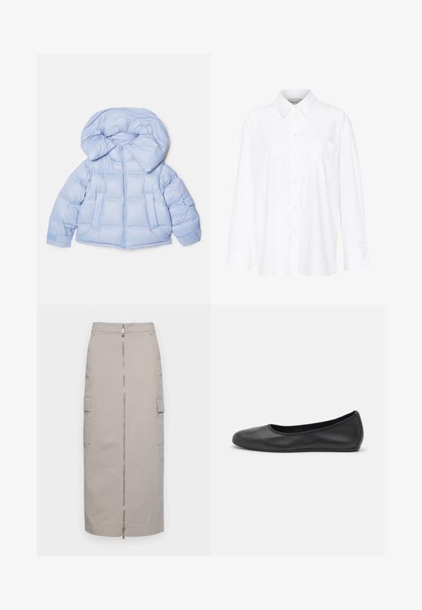 Casaco puffer azul claro com capuz grande, fecho de zip e design acolchoado. Apresenta dois bolsos frontais e punhos elásticos para um ajuste confortável.; Camisa branca de manga longa com colarinho feita de algodão. Apresenta uma parte frontal com botões e um único bolso no peito. Textura suave, corte descontraído.; Saia cinza até ao joelho feita de algodão, com um fecho éclair na frente e dois bolsos laterais, apresentando um corte justo e linhas limpas.; Bailarina preta em pele com bico arredondado, textura suave, detalhe de costura minimalista e design de sola flexível.