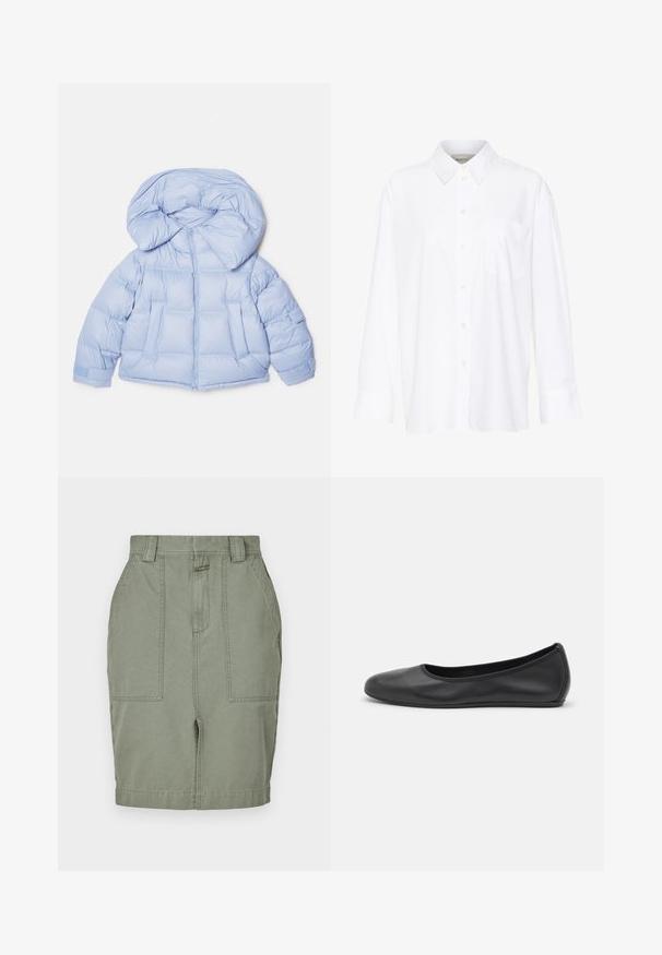 Chaqueta de plumas azul claro con una gran capucha, cierre de cremallera y diseño acolchado. Cuenta con dos bolsillos frontales y puños elásticos para un ajuste ceñido.; Camisa blanca de manga larga y cuello hecha de algodón. Presenta un cierre de botones en la parte delantera y un bolsillo en el pecho. Textura suave, ajuste relajado.; Falda de algodón color caqui con corte recto, dos bolsillos frontales, cierre de cremallera y pasadores para cinturón. Textura suave con un ligero brillo.; Bailarina de piel negra con punta redondeada, textura suave, detalle de costura minimalista y diseño de suela flexible.