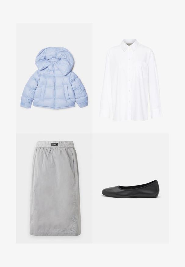 Light blue puffer jacket with a large hood, zip closure, and quilted design. Features two front pockets and elastic cuffs for a snug fit.; White long-sleeve collared shirt made of cotton. Features a button-down front and a single chest pocket. Smooth texture, relaxed fit.; Gray, knee-length skirt made of lightweight material, featuring an elastic waistband and side pockets. Brand label "LPS" on the waistband.; Black leather ballet flat with a rounded toe, smooth texture, minimal stitching detail, and a flexible sole design.
