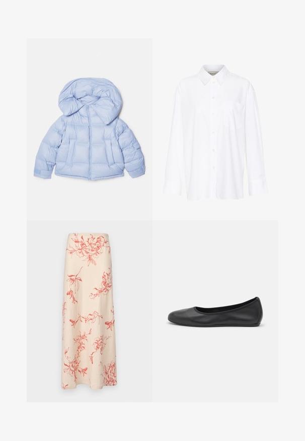 Světle modrá prošívaná bunda s velkou kapucí, zipovým zapínáním a prošívaným designem. Obsahuje dvě přední kapsy a elastické manžety pro těsné uchycení.; Bílá košile s dlouhým rukávem a límečkem vyrobená z bavlny. Má knoflíkovou přední část a jedno kapsičku na prsou. Hladký povrch, volný střih.; Faithfull the brand ANTIBES MAXI SKIRT - Maxi sukně - vermilion; Černé kožené baletní byty s kulatou špičkou, hladkou texturou, minimálními švy a flexibilním designem podrážky.