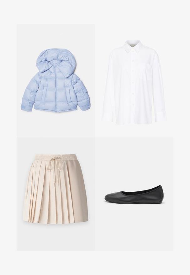 Doudoune bleu clair avec une grande capuche, fermeture éclair et design matelassé. Elle comporte deux poches avant et des poignets élastiques pour un ajustement confortable.; Chemise blanche à manches longues avec col, en coton. Présente un devant à boutons et une poche poitrine unique. Texture lisse, coupe décontractée.; Jupe plissée en beige clair, fabriquée dans un tissu doux. Dotée d'une taille élastique avec un cordon de serrage et de plis verticaux pour la texture.; Ballerines en cuir noir avec un bout rond, texture lisse, détails de couture minimalistes et design de semelle flexible.