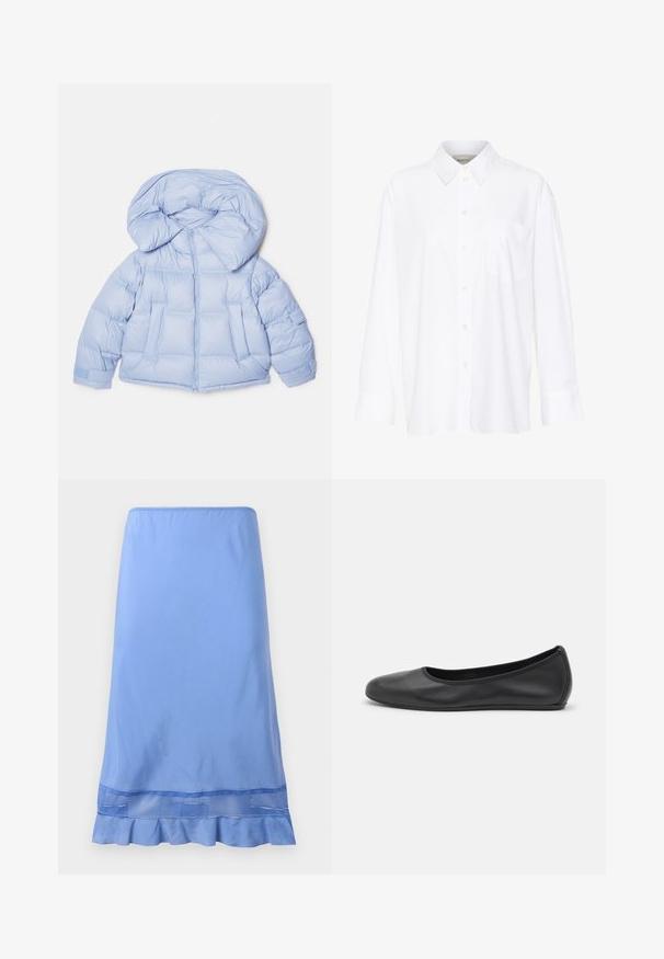 Lys blå pufferjakke med en stor hætte, lynlås og quiltet design. Har to frontlommer og elastiske manchetter for en tætsiddende pasform.; Hvid langærmet skjorte med krave lavet af bomuld. Har en knaplukning fortil og en enkelt brystlomme. Glat tekstur, afslappet pasform.; Lyseblå knælang nederdel lavet af glat stof, med en flæset kant og et mesh-detalje nær bunden. Enkel pull-on design.; Sort læderballetsko med rund tå, glat tekstur, minimal syning og et fleksibelt såldesign.