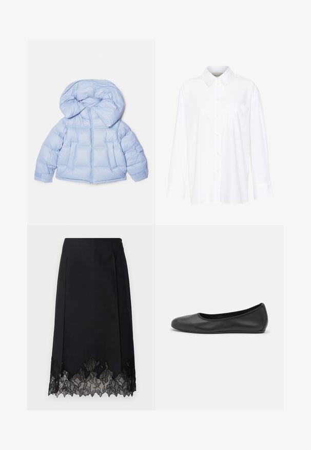 Gaiši zila pūkaina jaka ar lielu kapuci, rāvējslēdzēja aizdare un izšūta rakstu. Iespējas divas priekšējās kabatas un elastīgas aproces, lai nodrošinātu ciešu pieguļošanu.; Baltais garo piedurkņu krekls ar apkakli, izgatavots no kokvilnas. Aprīkots ar pogu aizdari priekšā un vienu krūšu kabatu. Gluda tekstūra, brīvs piegriezums.; Melnā zīmuli svārki, kas izgatavoti no gludas auduma, ar delikātu mežģīņu apmalīti apakšmalā ar ziedu rakstiem un taisnu griezumu.; Melna ādas baleta kurpe ar noapaļotu purngalu, gludu tekstūru, minimālu šuvju detalizāciju un elastīgu zoles dizainu.