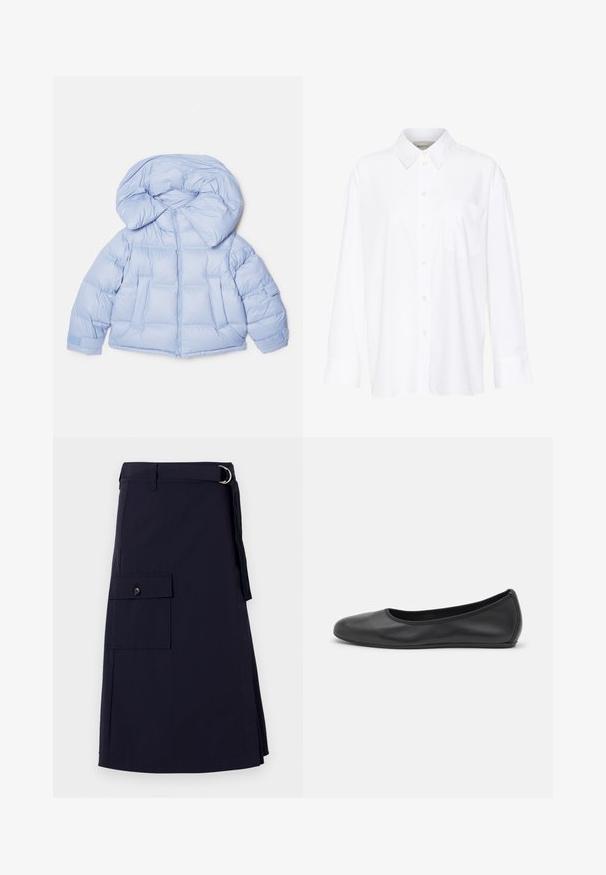 Helleblaue Steppjacke mit großer Kapuze, Reißverschluss und gesteppter Optik. Verfügt über zwei Fronttaschen und elastische Bündchen für eine bequeme Passform.; Weißes Langarmhemd mit Kragen aus Baumwolle. Verfügt über eine durchgehende Knopfleiste und eine Brusttasche. Glatte Textur, lockere Passform.; Marineblaue Rock mit strukturiertem Design, ausgestattet mit einer seitlichen Cargo-Tasche und einem Metall-D-Ring-Gürtelakzent. Hergestellt aus strapazierfähigem Stoff.; Schwarze Leder-Ballettschuhe mit abgerundeter Spitze, glatter Textur, minimalen Nähdetails und einem flexiblen Sohlen-Design.