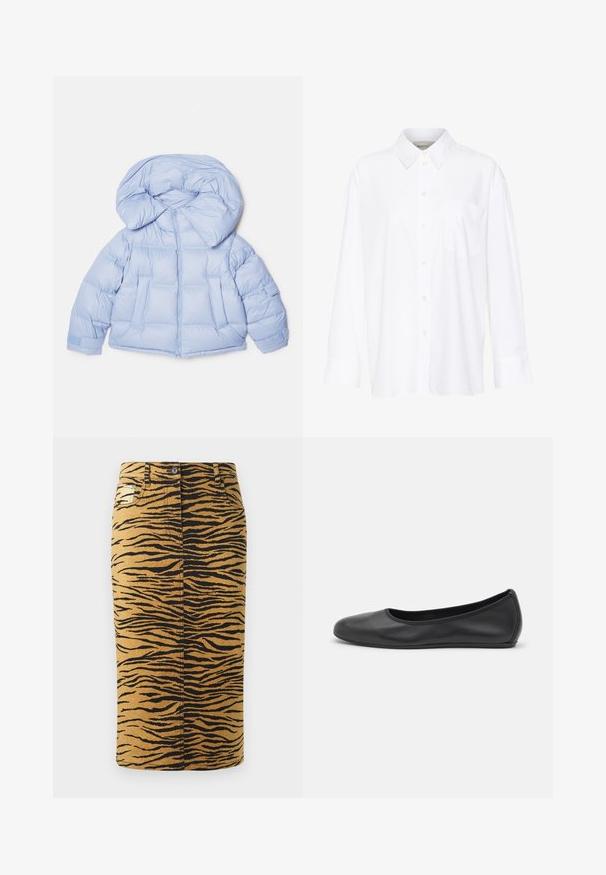 Ljusblå puffjacka med stor huva, dragkedjestängning och quiltat mönster. Har två framfickor och elastiska ärmslut för en tät passform.; Vit långärmad skjorta med krage i bomull. Har en knapp-down fram och en enda bröstficka. Slät textur, avslappnad passform.; Tigerrandig kjol med en gyllene bakgrund och svarta mönster. Tillverkad av denim, den har rak skärning och inkluderar fickor.; Svart läderballerinaskor med rund tå, slät yta, minimala söm detaljer och en flexibel sula.