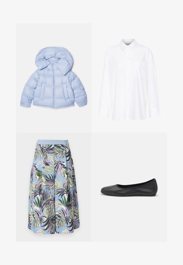 Ljusblå puffjacka med stor huva, dragkedjestängning och quiltat mönster. Har två framfickor och elastiska ärmslut för en tät passform.; Vit långärmad skjorta med krage i bomull. Har en knapp-down fram och en enda bröstficka. Slät textur, avslappnad passform.; En knälång kjol med en blå bas och ett livfullt tropiskt bladmönster i grönt, lila och beige, avslutad med ett ljusblått midjeband.; Svart läderballerinaskor med rund tå, slät yta, minimala söm detaljer och en flexibel sula.