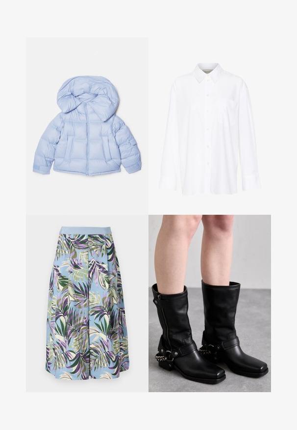 Helleblaue Steppjacke mit großer Kapuze, Reißverschluss und gesteppter Optik. Verfügt über zwei Fronttaschen und elastische Bündchen für eine bequeme Passform.; Weißes Langarmhemd mit Kragen aus Baumwolle. Verfügt über eine durchgehende Knopfleiste und eine Brusttasche. Glatte Textur, lockere Passform.; Ein knielanger Rock mit einem blauen Grundton und einem lebhaften tropischen Blättermuster in Grün, Lila und Beige, abgerundet mit einem hellblauen Bund.; Schwarze Lederstiefel bis zum Knie mit eckiger Zehenpartie, seitlichem Reißverschluss und verstellbarem Riemen mit einer Metallkette. Mattes Finish und robuste Sohle.