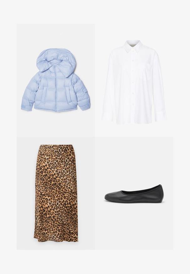 Svetlo modra puhovka z velikim kapuco, zadrgo in prešitim dizajnom. Ima dve sprednji žepi in elastične manšete za udobno prileganje.; Bela dolga majica s kragnico iz bombaža. Ima gumbno zapenjanje spredaj in eno žep na prsih. Gladka tekstura, sproščen kroj.; Midijeva krila s leopardjim vzorcem v odtenkih rjave in črne barve, s gladko teksturo in eleganten, prilagojen silhueto.; Črne usnjene balerinke z zaobljenim nosom, gladko teksturo, minimalnimi šivi in fleksibilno zasnovo podplata.