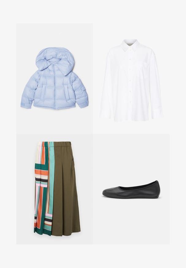 Giacca puffer azzurro chiaro con un ampio cappuccio, chiusura con zip e design trapuntato. Presenta due tasche anteriori e polsini elasticizzati per una vestibilità aderente.; Camicia bianca a maniche lunghe con colletto in cotone. Caratterizzata da una chiusura con bottoni e una tasca sul petto singola. Tessuto liscio, vestibilità comoda.; Gonna di lunghezza al ginocchio con vita elastica; tessuto verde oliva uniforme mescolato con motivi geometrici colorati in pannelli su un lato.; Pantofole da balletto nere in pelle con punta arrotondata, texture liscia, dettagli di cucitura minimi e design con suola flessibile.