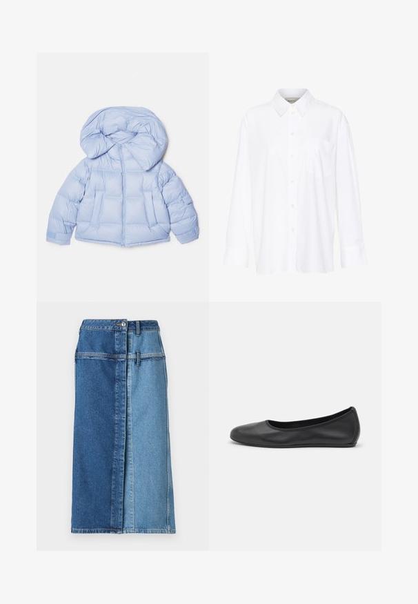 Svetlo modrá zateplená bunda s veľkou kapucňou, zipsovým zapínaním a prešívaným dizajnom. Obsahuje dve predné vrecká a elastické manžety pre pohodlné nosenie.; Biela košeľa s dlhým rukávom a golierom vyrobená z bavlny. Má zapínanie na gombíky vpredu a jednu náprsníku vrecko. Hladká textúra, voľný strih.; Džínová sukňa s farebným blokovým dizajnom, pričom na jednej strane je tmavo modrá a na druhej svetlo modrá, s gombíkovým zapínaním a vreckami.; Čierne kožené baleríny s okrúhlou špičkou, hladkým povrchom, minimálnym prešívaním a flexibilným dizajnom podrážky.