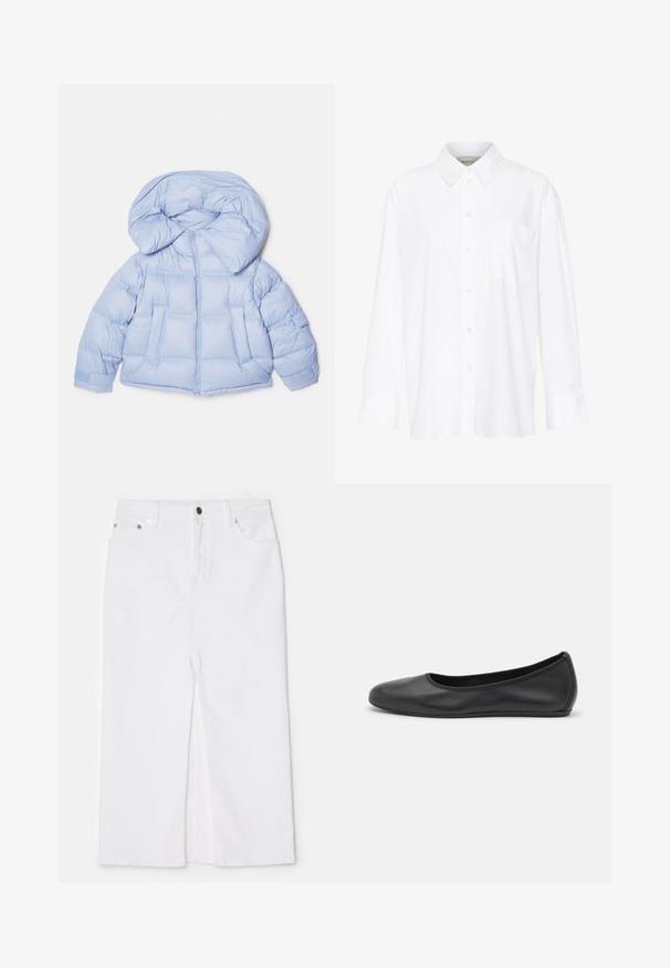 Light blue puffer jacket with a large hood, zip closure, and quilted design. Features two front pockets and elastic cuffs for a snug fit.; White long-sleeve collared shirt made of cotton. Features a button-down front and a single chest pocket. Smooth texture, relaxed fit.; White denim skirt with a straight cut, front slit, five-pocket design, metal button and rivets, and frayed hem detail at the bottom.; Black leather ballet flat with a rounded toe, smooth texture, minimal stitching detail, and a flexible sole design.