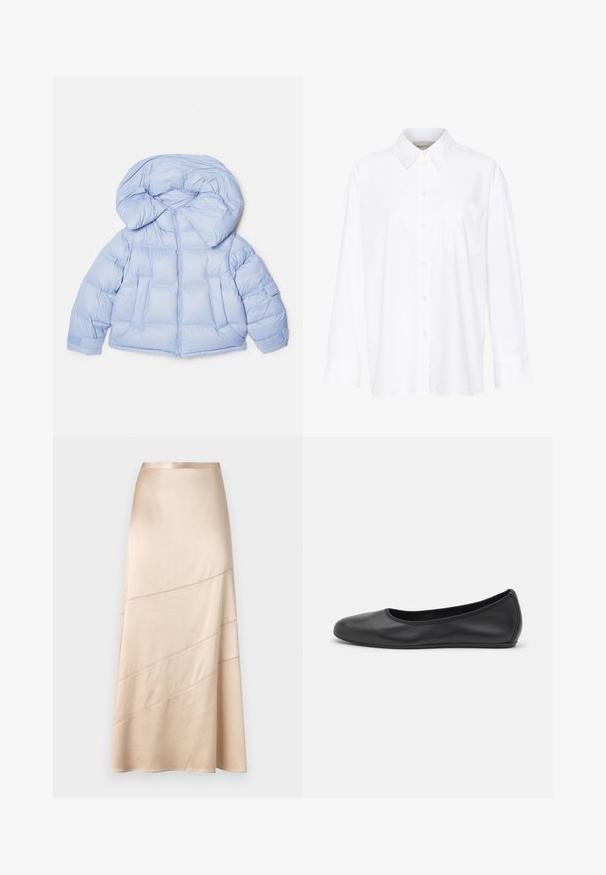 Giacca puffer azzurro chiaro con un ampio cappuccio, chiusura con zip e design trapuntato. Presenta due tasche anteriori e polsini elasticizzati per una vestibilità aderente.; Camicia bianca a maniche lunghe con colletto in cotone. Caratterizzata da una chiusura con bottoni e una tasca sul petto singola. Tessuto liscio, vestibilità comoda.; Gonna midi in raso beige chiaro con silhouette fluida, dettagli di cuciture diagonali e una texture liscia con una leggera lucentezza.; Pantofole da balletto nere in pelle con punta arrotondata, texture liscia, dettagli di cucitura minimi e design con suola flessibile.