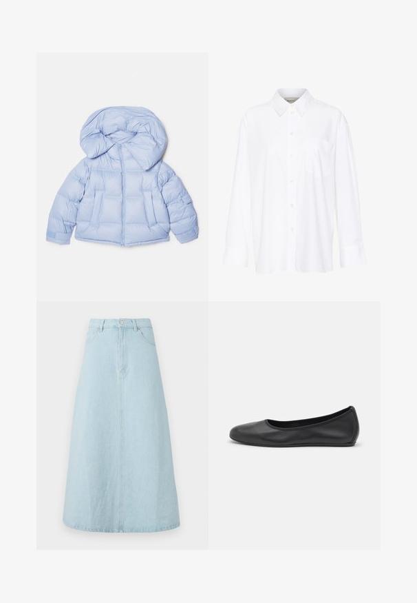 Gaiši zila pūkaina jaka ar lielu kapuci, rāvējslēdzēja aizdare un izšūta rakstu. Iespējas divas priekšējās kabatas un elastīgas aproces, lai nodrošinātu ciešu pieguļošanu.; Baltais garo piedurkņu krekls ar apkakli, izgatavots no kokvilnas. Aprīkots ar pogu aizdari priekšā un vienu krūšu kabatu. Gluda tekstūra, brīvs piegriezums.; Gaiši zils džinsa svārku, līdz ceļiem, ar A-siluetu, ar jostu, priekšējo pogu aizdari un divām sānu kabatām. Gluda tekstūra.; Melna ādas baleta kurpe ar noapaļotu purngalu, gludu tekstūru, minimālu šuvju detalizāciju un elastīgu zoles dizainu.