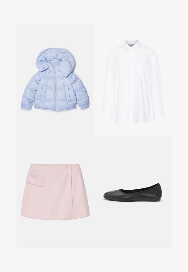 Világoskék puffdzseki nagy kapucnival, cipzáras záródással és steppelt mintázattal. Két elülső zsebbel és rugalmas mandzsettákkal rendelkezik a kényelmes illeszkedés érdekében.; Fehér, hosszú ujjú, galléros ing, amely pamutból készült. Gombos elülső része és egyetlen mellzsebe van. Simított textúra, laza szabás.; Rózsaszín len mini szoknya ívelt aljjal, oldalsó zsebből és egy gombos záródással a derékrészen. Sima textúrájú és egyszerű dizájnú.; Fekete bőr balettcipő lekerekített orral, sima tekstúrával, minimális varrással és rugalmas talp kialakítással.
