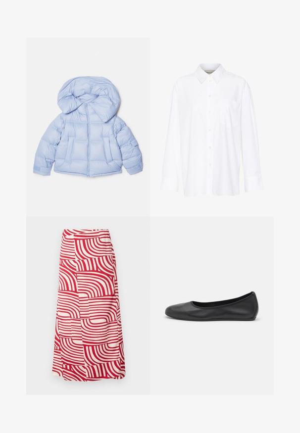 Světle modrá prošívaná bunda s velkou kapucí, zipovým zapínáním a prošívaným designem. Obsahuje dvě přední kapsy a elastické manžety pro těsné uchycení.; Bílá košile s dlouhým rukávem a límečkem vyrobená z bavlny. Má knoflíkovou přední část a jedno kapsičku na prsou. Hladký povrch, volný střih.; Červeno-krémová sukně ke kolenům s výraznými zakřivenými pruhy v různých šířkách, vyrobená z měkké tkaniny s hladkou texturou.; Černé kožené baletní byty s kulatou špičkou, hladkou texturou, minimálními švy a flexibilním designem podrážky.