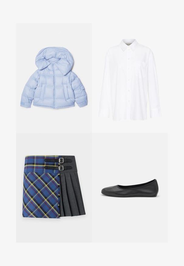 Jachetă puffer albastru deschis, cu o glugă mare, închidere cu fermoar și design matlasat. Dispune de două buzunare frontale și manșete elastice pentru o ajustare perfectă.; Cămașă albă cu mânecă lungă și guler, fabricată din bumbac. Are un închidere cu băta pe față și un singur buzunar pe piept. Textură netedă, croială lejeră.; Fustă tartan cu carouri albastre, verzi și galbene, având o secțiune plisată de culoare gri, prinsă cu două curele negre și catarame din argint.; Balerini din piele neagră, cu vârf rotund, textură netedă, detalii de cusătură minimale și un design al tălpii flexibil.