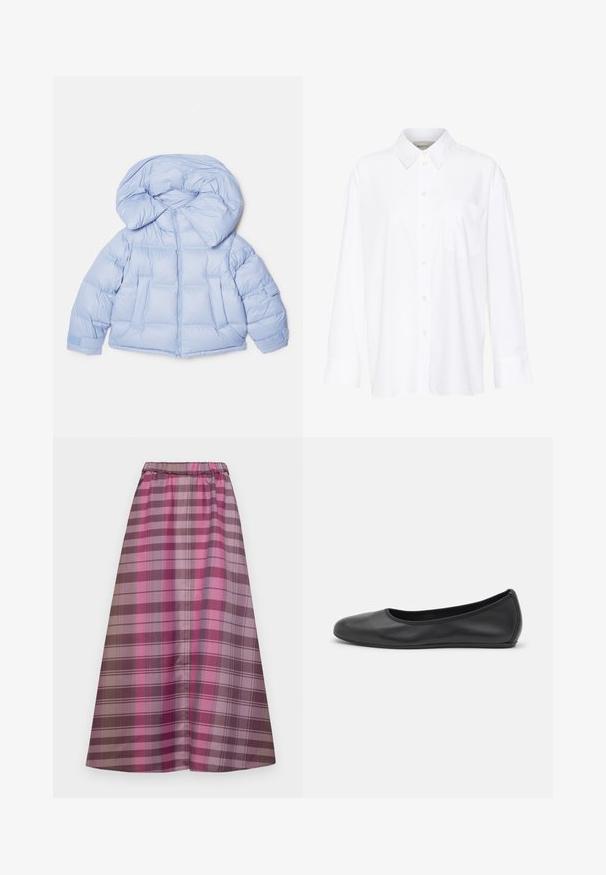 Doudoune bleu clair avec une grande capuche, fermeture éclair et design matelassé. Elle comporte deux poches avant et des poignets élastiques pour un ajustement confortable.; Chemise blanche à manches longues avec col, en coton. Présente un devant à boutons et une poche poitrine unique. Texture lisse, coupe décontractée.; Jupe longue à carreaux avec des nuances variées de rose, violet et marron. Fabriquée dans un tissu doux avec une taille élastique pour le confort.; Ballerines en cuir noir avec un bout rond, texture lisse, détails de couture minimalistes et design de semelle flexible.