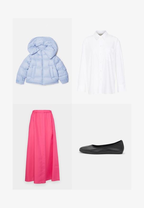 Valkoinen puhallusjakku, jossa on suuri huppu, vetoketjukiinnitys ja tikattu muotoilu. Sisältää kaksi etutaskua ja joustavat hihansuut tiivistä istuvuutta varten.; Valkoinen pitkähihainen kauluspaita, joka on valmistettu puuvillasta. Paidassa on napitettava etuosuus ja yksi rintatasku. Pehmeä pinta, rento malli.; MAX&Co. MATRIGNA - Maksihame - azaleerot; Musta nahkainen ballerina, jossa on pyöristetty kärki, sileä pinta, minimaalinen ommelkoristelu ja joustava pohjamuotoilu.