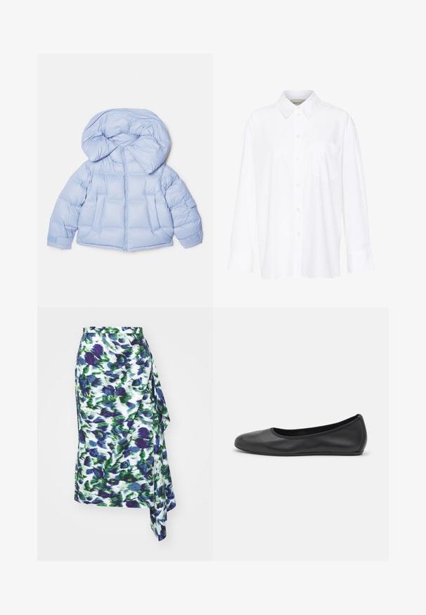 Világoskék puffdzseki nagy kapucnival, cipzáras záródással és steppelt mintázattal. Két elülső zsebbel és rugalmas mandzsettákkal rendelkezik a kényelmes illeszkedés érdekében.; Fehér, hosszú ujjú, galléros ing, amely pamutból készült. Gombos elülső része és egyetlen mellzsebe van. Simított textúra, laza szabás.; Fehér virágmintás rakott szoknya, kék és zöld fröcskölés mintákkal, puha anyaggal, aszimmetrikus szegéllyel és oldalsó draped részlettel.; Fekete bőr balettcipő lekerekített orral, sima tekstúrával, minimális varrással és rugalmas talp kialakítással.