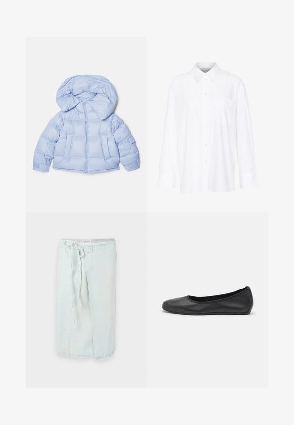 Valkoinen puhallusjakku, jossa on suuri huppu, vetoketjukiinnitys ja tikattu muotoilu. Sisältää kaksi etutaskua ja joustavat hihansuut tiivistä istuvuutta varten.; Valkoinen pitkähihainen kauluspaita, joka on valmistettu puuvillasta. Paidassa on napitettava etuosuus ja yksi rintatasku. Pehmeä pinta, rento malli.; Valkoinen farkkuhame, jossa on solmittava vyötärö, etuhalkio ja raaka helma. Tehty pehmeästä farkkukankaasta, joka tarjoaa mukavuutta ja liikkumisvapauden.; Musta nahkainen ballerina, jossa on pyöristetty kärki, sileä pinta, minimaalinen ommelkoristelu ja joustava pohjamuotoilu.