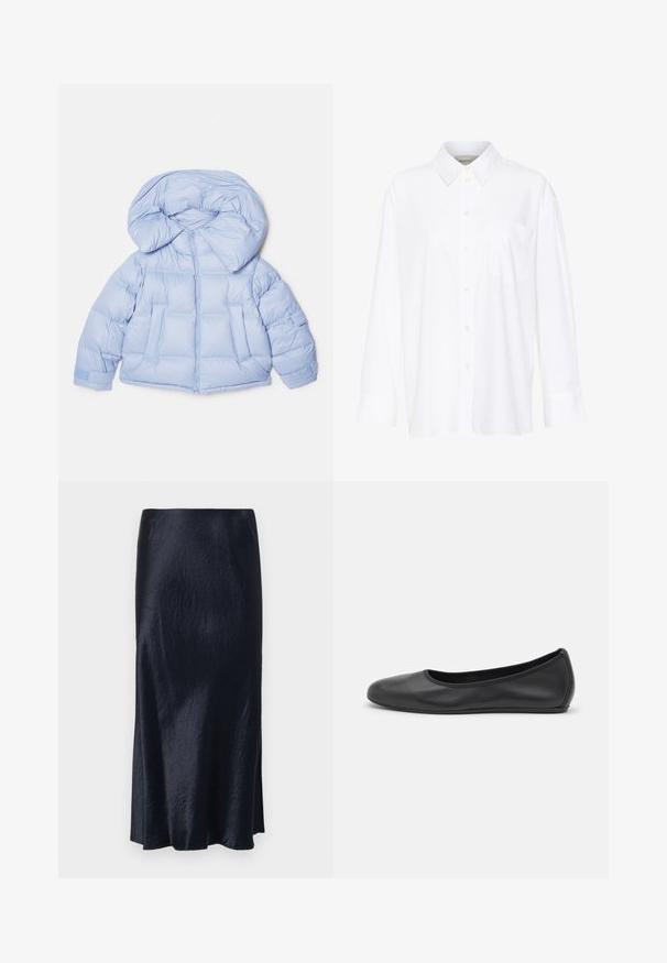 Világoskék puffdzseki nagy kapucnival, cipzáras záródással és steppelt mintázattal. Két elülső zsebbel és rugalmas mandzsettákkal rendelkezik a kényelmes illeszkedés érdekében.; Fehér, hosszú ujjú, galléros ing, amely pamutból készült. Gombos elülső része és egyetlen mellzsebe van. Simított textúra, laza szabás.; Tengerészkék, középhosszú szoknya sima textúrával, enyhe fényességgel és oldalsó hasítékkal a mozgás könnyebbsége érdekében. Minimalista dizájn jellemzi.; Fekete bőr balettcipő lekerekített orral, sima tekstúrával, minimális varrással és rugalmas talp kialakítással.