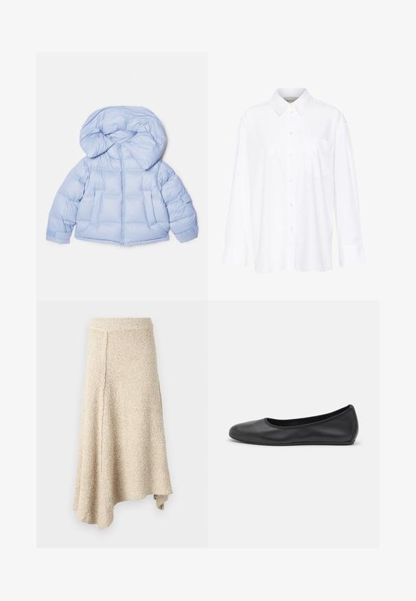 Doudoune bleu clair avec une grande capuche, fermeture éclair et design matelassé. Elle comporte deux poches avant et des poignets élastiques pour un ajustement confortable.; Chemise blanche à manches longues avec col, en coton. Présente un devant à boutons et une poche poitrine unique. Texture lisse, coupe décontractée.; Jupe beige texturée avec un ourlet évasé, dotée d'une taille haute et d'une coupe asymétrique, fabriquée en matière tricotée douce.; Ballerines en cuir noir avec un bout rond, texture lisse, détails de couture minimalistes et design de semelle flexible.