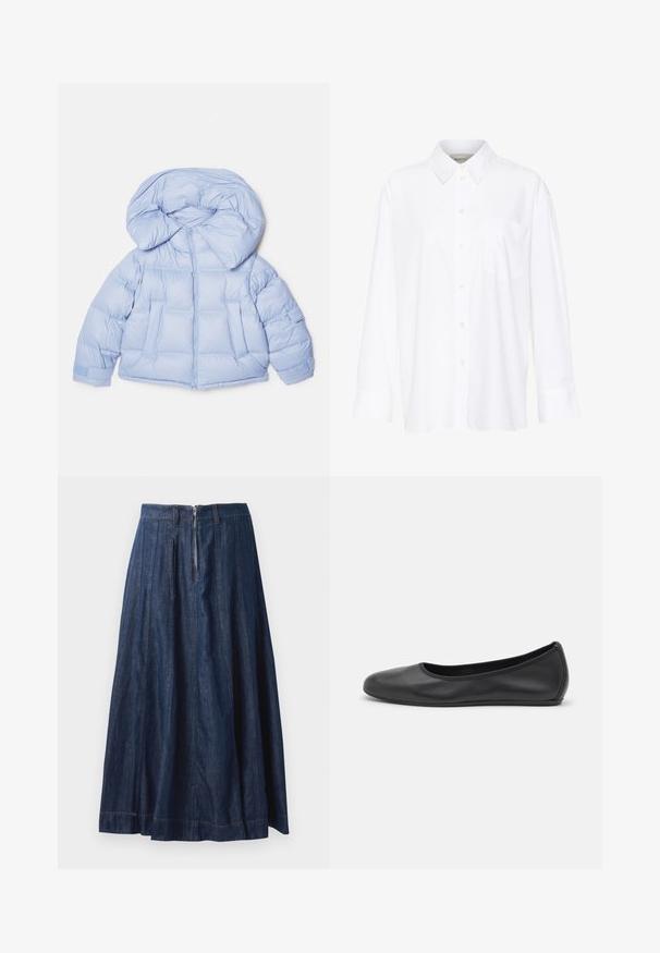 Gaiši zila pūkaina jaka ar lielu kapuci, rāvējslēdzēja aizdare un izšūta rakstu. Iespējas divas priekšējās kabatas un elastīgas aproces, lai nodrošinātu ciešu pieguļošanu.; Baltais garo piedurkņu krekls ar apkakli, izgatavots no kokvilnas. Aprīkots ar pogu aizdari priekšā un vienu krūšu kabatu. Gluda tekstūra, brīvs piegriezums.; Tumši zila džinsu svārku ar platu dizainu, kurai ir priekšējais rāvējslēdzis un vertikālās šuves papildu tekstūrai. Klassiska jostas detaļa.; Melna ādas baleta kurpe ar noapaļotu purngalu, gludu tekstūru, minimālu šuvju detalizāciju un elastīgu zoles dizainu.