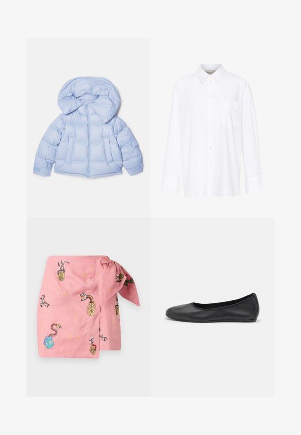 Šviesiai mėlynas pūkinis švarkas su dideliu kapišonu, užtrauktuku ir siuvinėta struktūra. Turintis dvi priekinės kišenes ir elastines rankoves, kad sandariai priglustų.; Balta ilgomis rankovėmis marškiniai su apykakle, pagaminti iš medvilnės. Su mygtukų užsegimu priekyje ir viena krūtinės kišenė. Lygus paviršius, laisvas siluetas.; Rožinis lino apsiaustas su išsiuvinėtomis gyvačių ir vazų dekoracijomis. Yra mazgo detalė ir dekoratyviniai žvaigždžių raštai visame paviršiuje.; Juodai odiniai baletai su apvaliu pirštu, lygi texture, minimalus siuvimo detales ir lanksčiu padų dizainu.