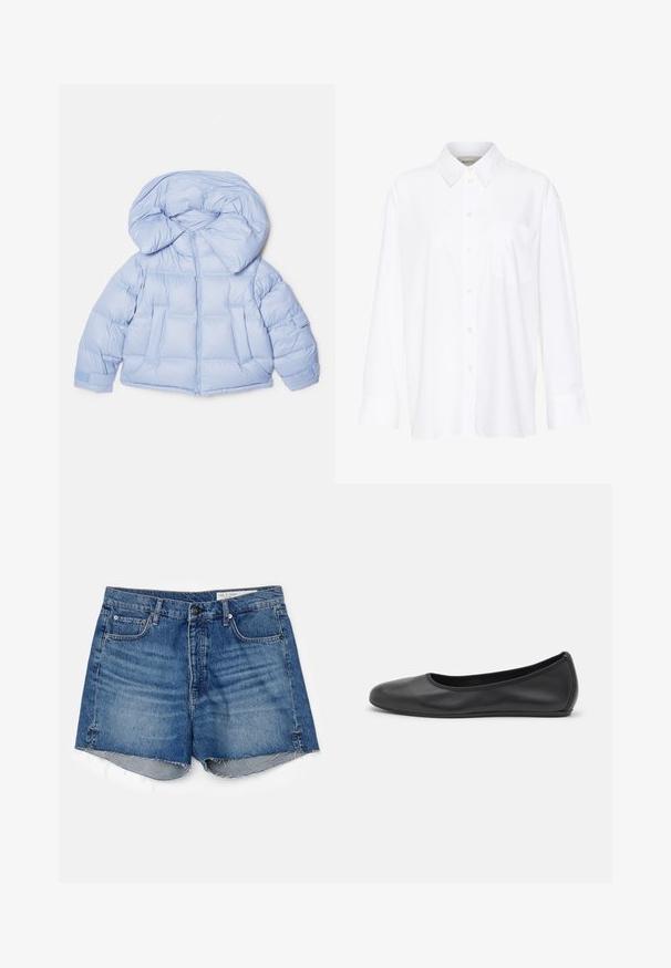 Chaqueta de plumas azul claro con una gran capucha, cierre de cremallera y diseño acolchado. Cuenta con dos bolsillos frontales y puños elásticos para un ajuste ceñido.; Camisa blanca de manga larga y cuello hecha de algodón. Presenta un cierre de botones en la parte delantera y un bolsillo en el pecho. Textura suave, ajuste relajado.; rag & bone VINTAGE CUT OFF - Shorts vaqueros - blue denim; Bailarina de piel negra con punta redondeada, textura suave, detalle de costura minimalista y diseño de suela flexible.