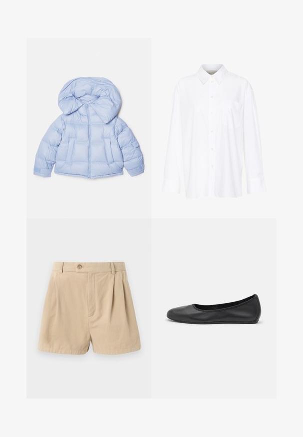Svijetloplava puffer jakna s velikim kapuljačom, zatvaranjem na patentni zatvarač i kviltanim dizajnom. Sadrži dva prednja džepa i elastične manžete za usko pristajanje.; Bijela košulja dugih rukava s kragnom, izrađena od pamuka. Ima kopčanje s gumbima sprijeda i jednu džep na prsima. Glatka tekstura, ležeran kroj.; Filippa K HIGH WAIST PLEATED - Kratke hlače - beige; Crne kožne baletanke s zaobljenim vrhom, glatke teksture, minimalnim detaljima šavova i fleksibilnim dizajnom potplata.