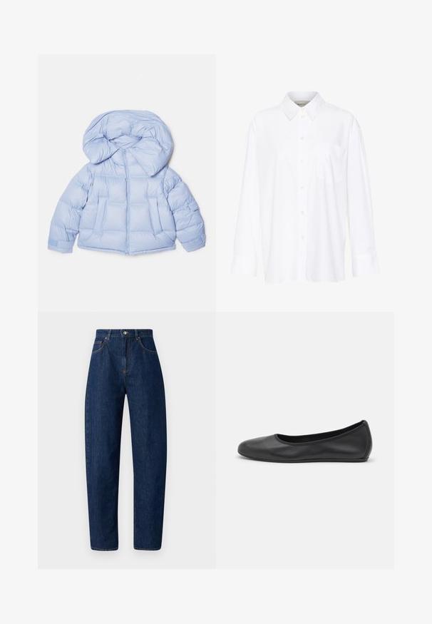 Jachetă puffer albastru deschis, cu o glugă mare, închidere cu fermoar și design matlasat. Dispune de două buzunare frontale și manșete elastice pentru o ajustare perfectă.; Cămașă albă cu mânecă lungă și guler, fabricată din bumbac. Are un închidere cu băta pe față și un singur buzunar pe piept. Textură netedă, croială lejeră.; Jeans din denim de un albastru închis, cu talie înaltă, croială dreaptă, cusături contrastante și cinci buzunare. Închidere cu nasture și fermoar argintie.; Balerini din piele neagră, cu vârf rotund, textură netedă, detalii de cusătură minimale și un design al tălpii flexibil.