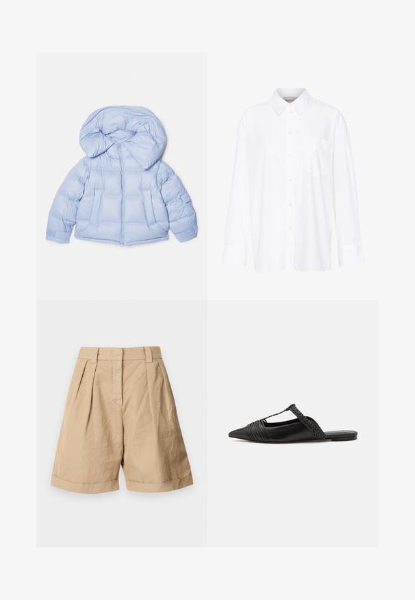 Light blue puffer jacket with a large hood, zip closure, and quilted design. Features two front pockets and elastic cuffs for a snug fit.; White long-sleeve collared shirt made of cotton. Features a button-down front and a single chest pocket. Smooth texture, relaxed fit.; Beige linen shorts with a high waist, two front pleats, and rolled cuffs. Smooth texture with a tailored design.; Black leather slingback shoe with a pointed toe, featuring a woven accent and pleated upper design. Flat sole with minimal hardware.