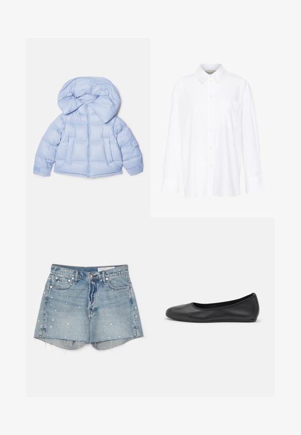 Chaqueta de plumas azul claro con una gran capucha, cierre de cremallera y diseño acolchado. Cuenta con dos bolsillos frontales y puños elásticos para un ajuste ceñido.; Camisa blanca de manga larga y cuello hecha de algodón. Presenta un cierre de botones en la parte delantera y un bolsillo en el pecho. Textura suave, ajuste relajado.; rag & bone VINTAGE CUT OFF SHORT - Shorts vaqueros - solanajewe; Bailarina de piel negra con punta redondeada, textura suave, detalle de costura minimalista y diseño de suela flexible.