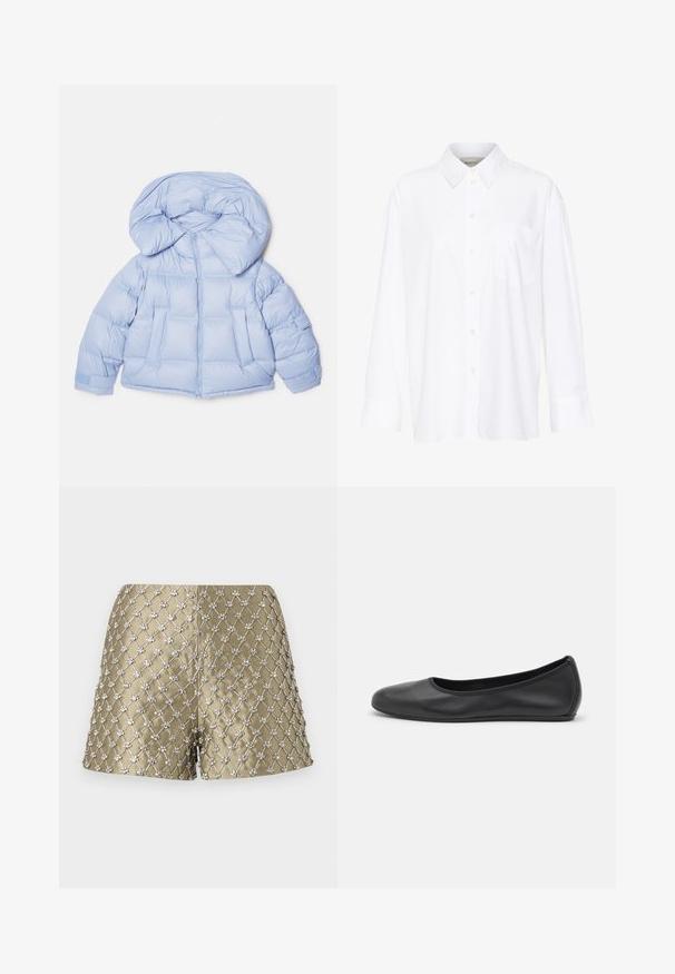 Gaiši zila pūkaina jaka ar lielu kapuci, rāvējslēdzēja aizdare un izšūta rakstu. Iespējas divas priekšējās kabatas un elastīgas aproces, lai nodrošinātu ciešu pieguļošanu.; Baltais garo piedurkņu krekls ar apkakli, izgatavots no kokvilnas. Aprīkots ar pogu aizdari priekšā un vienu krūšu kabatu. Gluda tekstūra, brīvs piegriezums.; Metāliskas zelta šortas ar izšūtu dizainu, rotātas ar sudraba ziedu akcentiem, radot teksturētu un dekoratīvu izskatu.; Melna ādas baleta kurpe ar noapaļotu purngalu, gludu tekstūru, minimālu šuvju detalizāciju un elastīgu zoles dizainu.