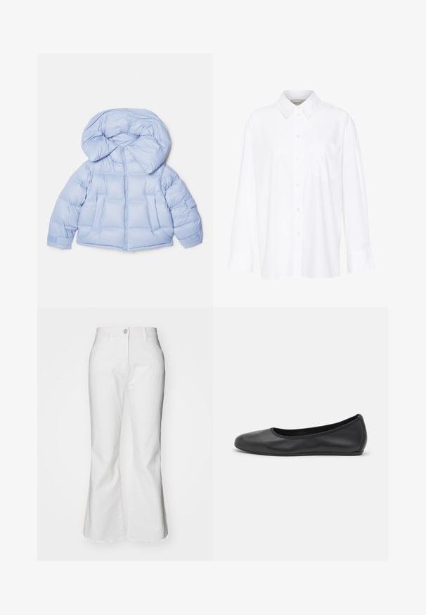 Jachetă puffer albastru deschis, cu o glugă mare, închidere cu fermoar și design matlasat. Dispune de două buzunare frontale și manșete elastice pentru o ajustare perfectă.; Cămașă albă cu mânecă lungă și guler, fabricată din bumbac. Are un închidere cu băta pe față și un singur buzunar pe piept. Textură netedă, croială lejeră.; Blugi albi evazați din denim cu margine brută. Au un închideri cu nasture și buzunare frontale. Design clasic cu o croială modernă.; Balerini din piele neagră, cu vârf rotund, textură netedă, detalii de cusătură minimale și un design al tălpii flexibil.
