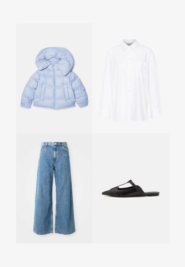 Svetlo modra puhovka z velikim kapuco, zadrgo in prešitim dizajnom. Ima dve sprednji žepi in elastične manšete za udobno prileganje.; Bela dolga majica s kragnico iz bombaža. Ima gumbno zapenjanje spredaj in eno žep na prsih. Gladka tekstura, sproščen kroj.; Visoko pasovi svetlo modri široki traperice z gumbom na sprednji strani, zadrgo in sprednjimi žepi na beli podlagi.; Črne usnjene sandale s priponko, koničastim nosom in tkano dekoracijo ter gubanjem na zgornjem delu. Ravna podplata z minimalno opremo.