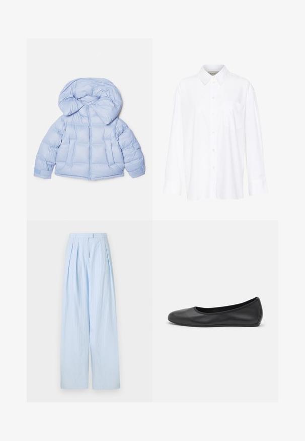 Világoskék puffdzseki nagy kapucnival, cipzáras záródással és steppelt mintázattal. Két elülső zsebbel és rugalmas mandzsettákkal rendelkezik a kényelmes illeszkedés érdekében.; Fehér, hosszú ujjú, galléros ing, amely pamutból készült. Gombos elülső része és egyetlen mellzsebe van. Simított textúra, laza szabás.; Világoskék, széles nadrág, vertikális fehér csíkos anyagból készült, redőkkel és testhezálló derékrésszel.; Fekete bőr balettcipő lekerekített orral, sima tekstúrával, minimális varrással és rugalmas talp kialakítással.