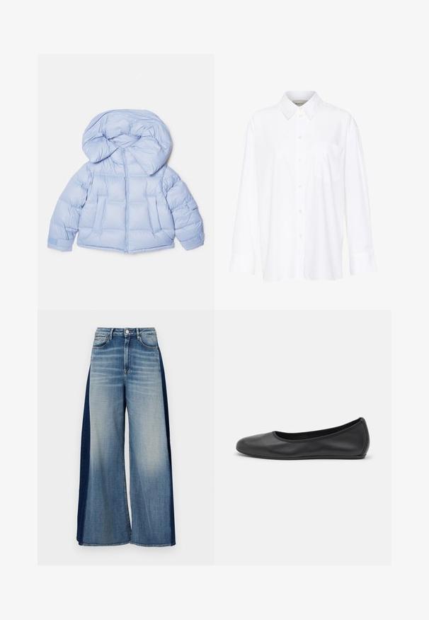 Világoskék puffdzseki nagy kapucnival, cipzáras záródással és steppelt mintázattal. Két elülső zsebbel és rugalmas mandzsettákkal rendelkezik a kényelmes illeszkedés érdekében.; Fehér, hosszú ujjú, galléros ing, amely pamutból készült. Gombos elülső része és egyetlen mellzsebe van. Simított textúra, laza szabás.; Széles szárú farmernadrág, két színben, világoskék elülső résszel és sötétkék oldalsó panelekben, klasszikus derékpánttal és gombos záródással.; Fekete bőr balettcipő lekerekített orral, sima tekstúrával, minimális varrással és rugalmas talp kialakítással.