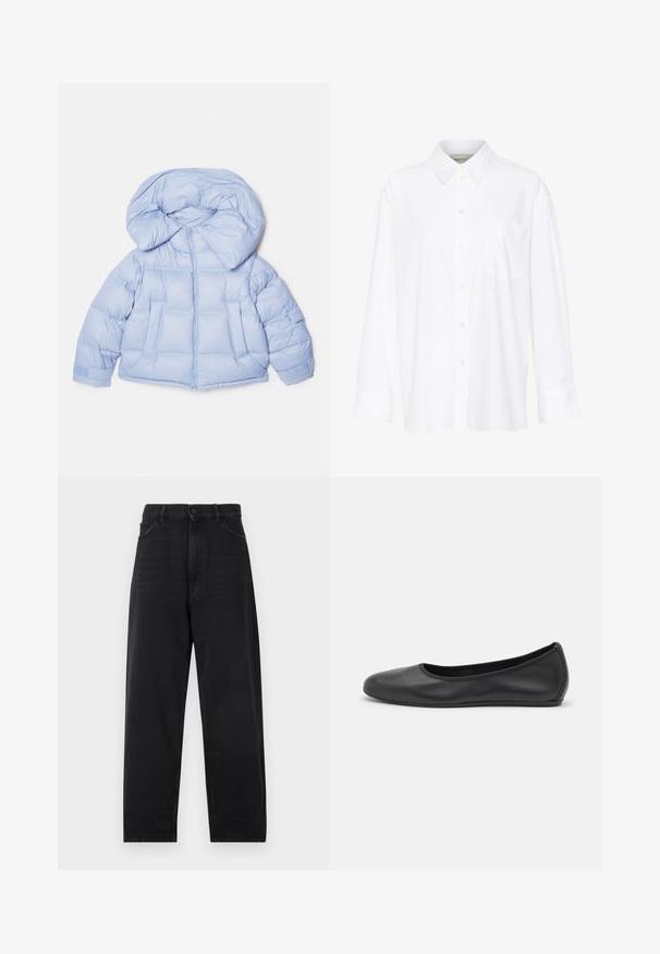 Casaco puffer azul claro com capuz grande, fecho de zip e design acolchoado. Apresenta dois bolsos frontais e punhos elásticos para um ajuste confortável.; Camisa branca de manga longa com colarinho feita de algodão. Apresenta uma parte frontal com botões e um único bolso no peito. Textura suave, corte descontraído.; Calças de ganga pretas com uma cintura alta, design de perna reta, fecho com botão e estilo clássico de cinco bolsos. Textura suave com costuras discretas.; Bailarina preta em pele com bico arredondado, textura suave, detalhe de costura minimalista e design de sola flexível.